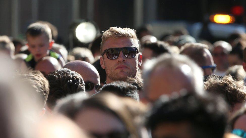 Former England cricket captain Andrew "Freddie" Flintoff in the crowd ahead of a vigil in Albert Square,