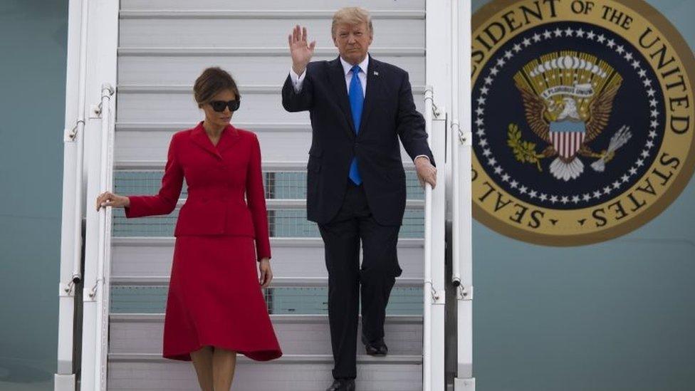 Melania and Donald Trump disembark Air Force One in Orly, near Paris on 13 July 2017.