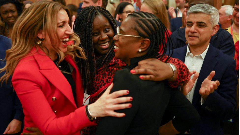 Labour party MP Dr. Rosena Allin-Khan celebrates a win announcement amidst the counting process during local elections,