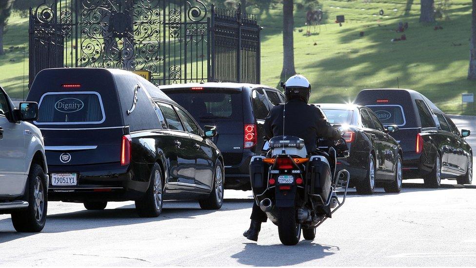 The joint funeral service of US actresses Carrie Fisher and Debbie Reynolds at Forest Lawn Cemetery in Los Angeles, California, 6 January 2017