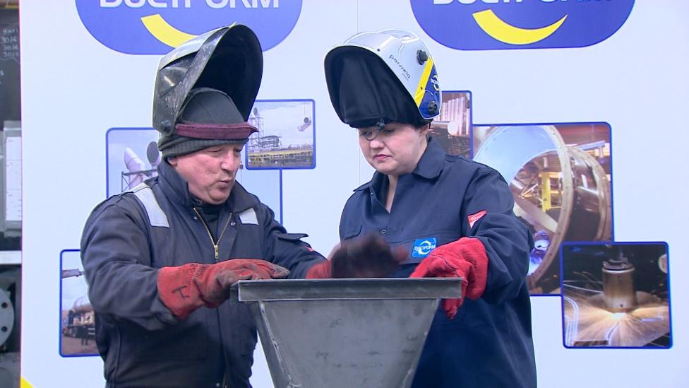 Ruth Davidson in a welder's mask