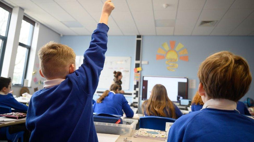 School children in a classroom looking at a presentation by a teacher