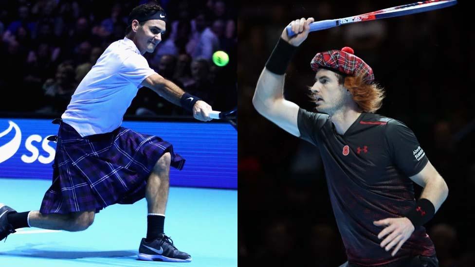 Roger Federer wearing kilt and Andy Murray in tartan hat