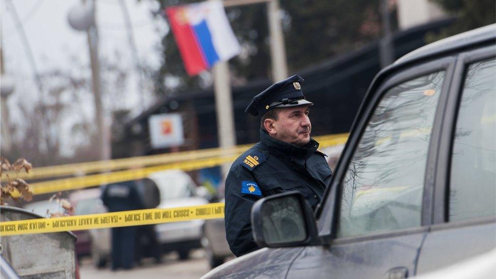 Police at the scene where Oliver Ivanovic, the former State Secretary for Kosovo and a subject of a controversial war crimes trial and retrial, was shot in Mitrovica, Serbia, 16 January 2018