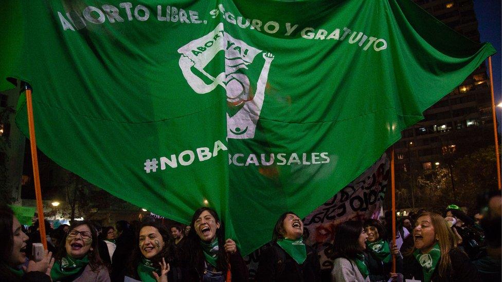 A demonstrator takes part in a march for a legal, safe and free abortion in Santiago, on July 25, 2018