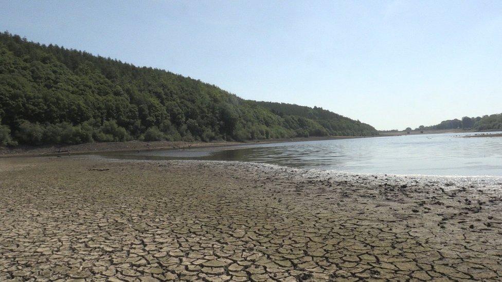 Low water levels at the Lindley Wood Reservoir near Otley, West Yorkshire.