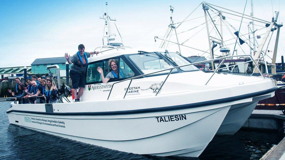 Professor Elizabeth Treasure Vice-Chancellor with Dr Pippa Moore, scheme coordinator of the marine and freshwater biology degree at IBERS and students on board Taliesin