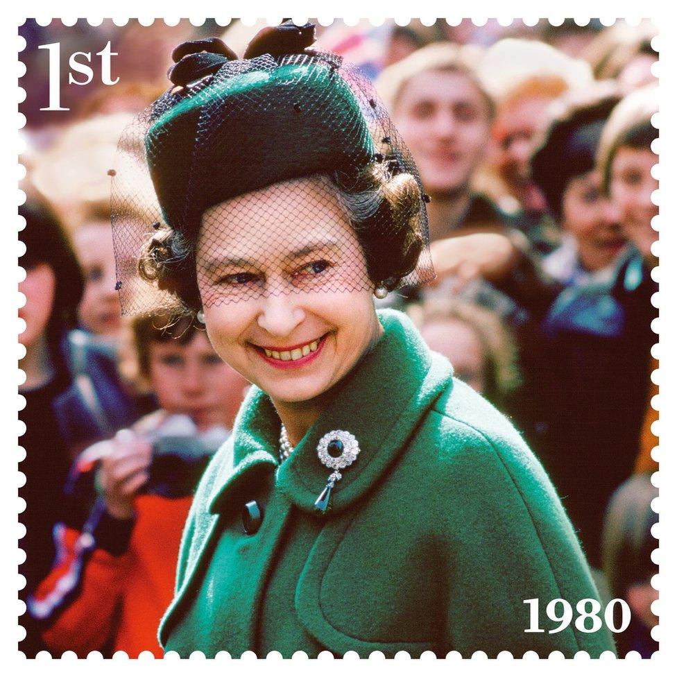 1980 stamp with the Queen on a walkabout in Worcester in 1980