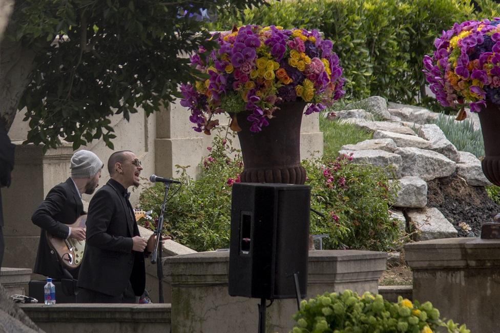 Brad Delson and Chester Bennington perform during funeral services for Soundgarden frontman Chris Cornell at Hollywood Forever Cemetery on May 26, 2017 in Hollywood, California.