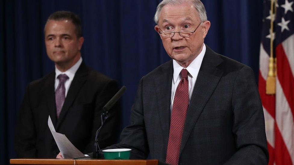 U.S. Attorney General Jeff Sessions (R) answers questions during a press conference at the Department of Justice on March 2, 2017 in Washington, DC. Sessions addressed the calls for him to recuse himself from Russia investigations after reports surfaced of meetings he had with the Russian ambassador during the U.S. presidential campaign. Also pictured is Sessions' Chief of Staff Jody Hunt (L)