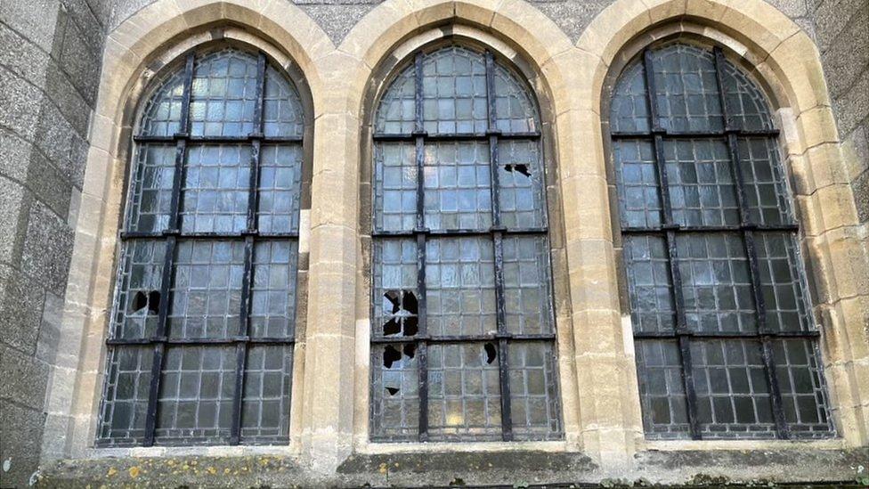 Damaged windows at Truro Cathedral