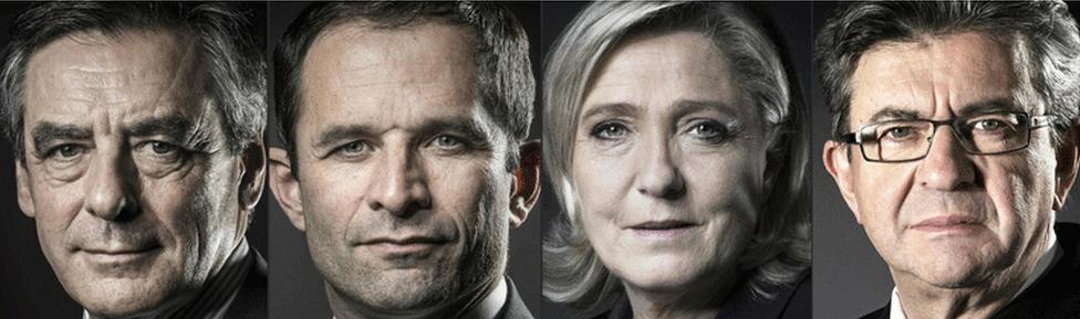 L-R: Francois Fillon of the Republicans, Benoit Hamon of the Socialists, Marine Le Pen of the National Front and far-left candidate Jean-Luc Melenchon