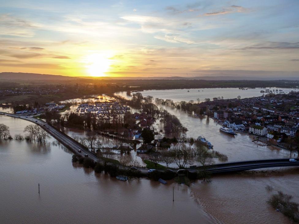 Flood water surrounds Upton upon Severn in Worcestershire