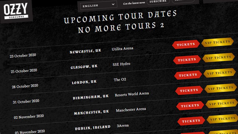 Screen grab of Ozzy Osbourne's website showing tickets on sale