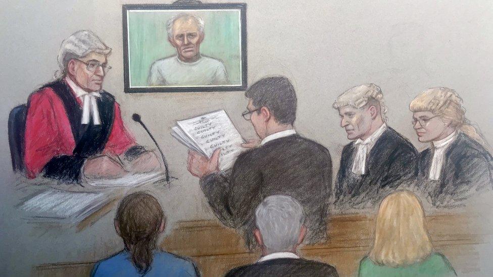 Court sketch showing verdicts being returned at Liverpool Crown Court in Barry Bennell trial on 13 February 2018