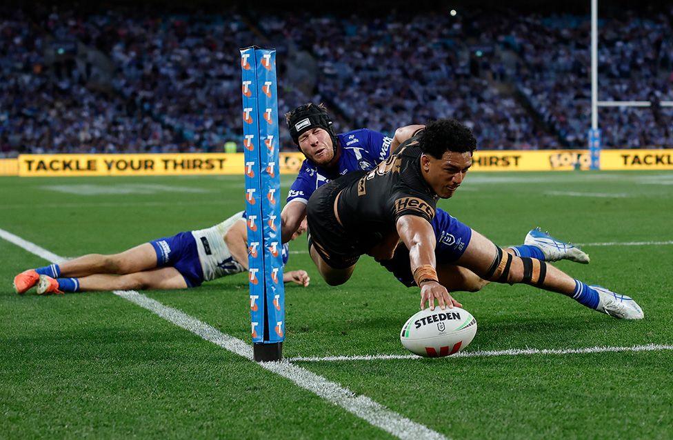 Penrith Panthers' Paul Alamoti scores a try during the NRL semi-final against Canterbury Bulldogs