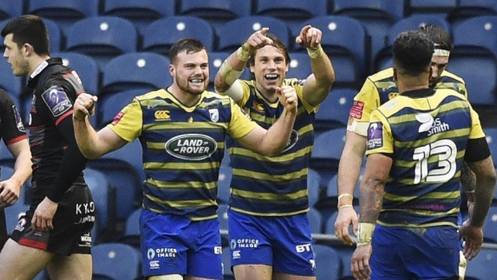 Cardiff Blues celebrate Blaine Scully's try