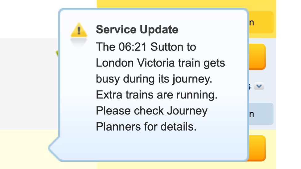 A National Rail alert, explaining that a train is busy