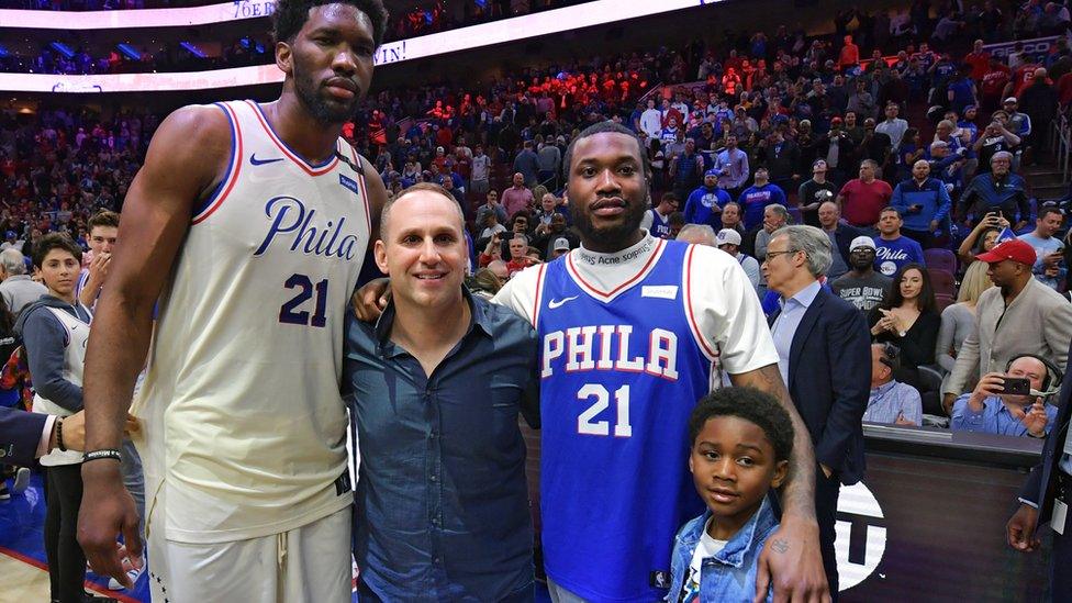 Joel Embiid, Michael Rubin and Meek Mill