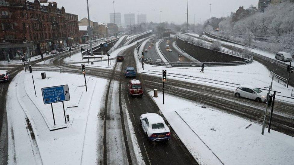 Snow covered cars in Charing Cross, Glasgow,