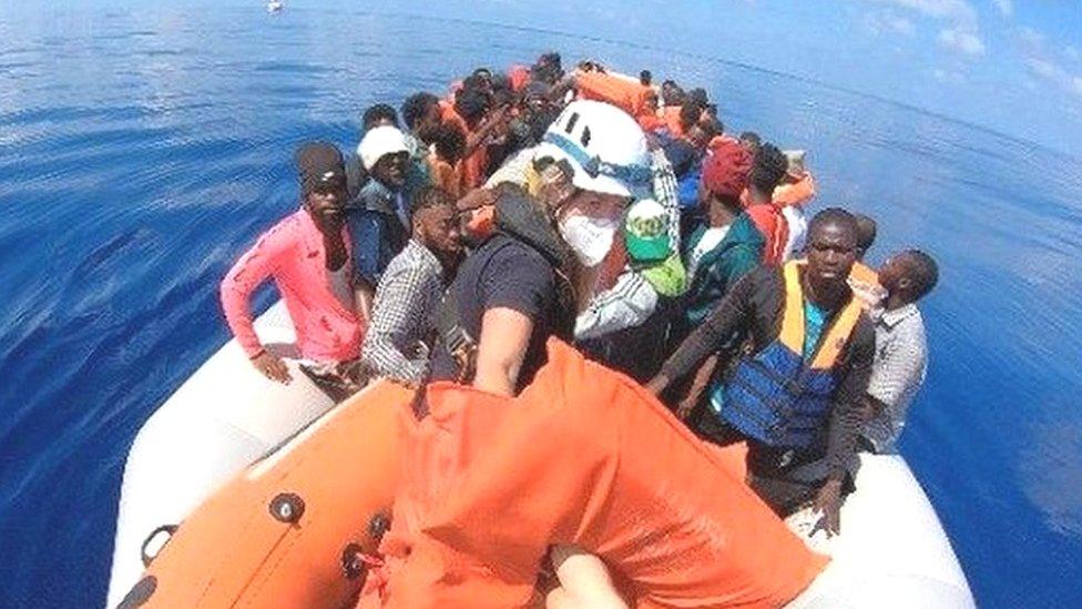 Migrants are seen on the Louise Michel ship operating in the Mediterranean sea and financed by British street artist Banksy, on August 29, 2020. MV Louise Michel/Handout via REUTERS