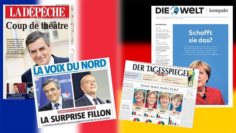 Combo picture of the newspaper front pages in France and Germany