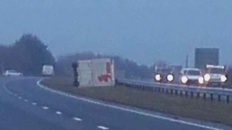 Blown over lorry on A90 near Fordoun south of Stonehaven