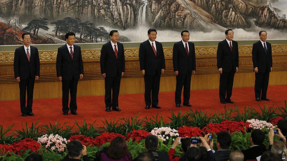 File photo: New members of the Politburo Standing Committee, from left, Zhang Gaoli, Liu Yunshan, Zhang Dejiang, Xi Jinping, Li Keqiang, Yu Zhengsheng and Wang Qishan standÂ in Beijing's Great Hall of the People, 15 November 2012