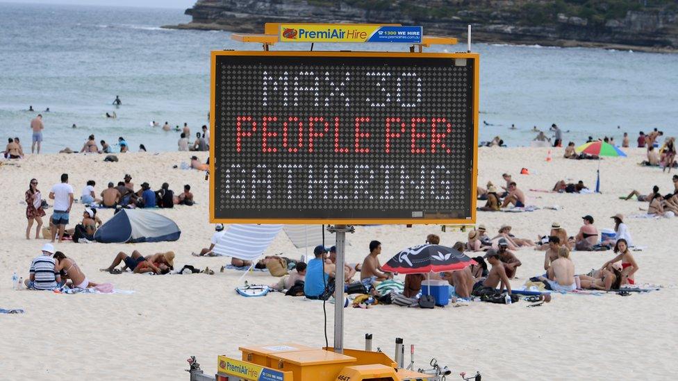 Beachgoers sit behind a sign on Bondi Beach which reads 'max 30 people per gathering'