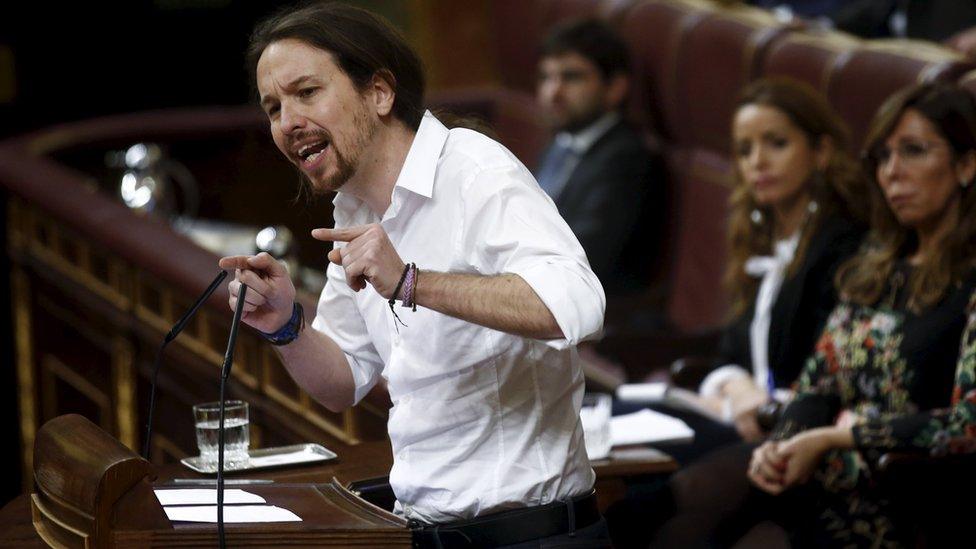 Podemos (We Can) party leader Pablo Iglesias gestures during an investiture debate at parliament in Madrid, Spain, 2 March 2016