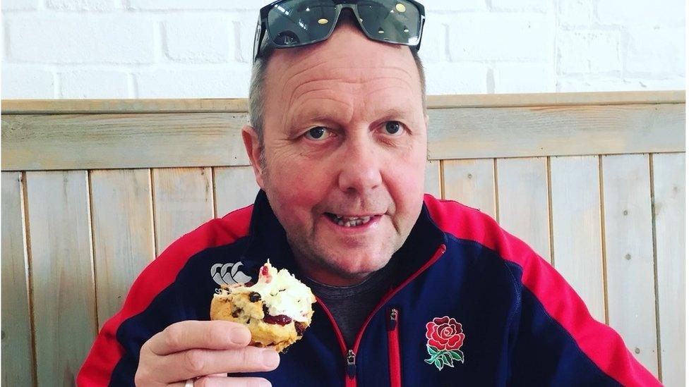 Ms Merker's late husband Peter pictured eating a scone with jam and cream