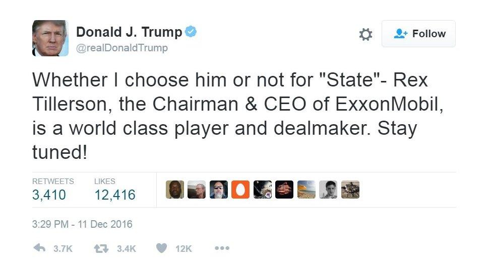 A tweet from Donald Trump. reading: "Whether I choose him or not for "State"- Rex Tillerson, the Chairman & CEO of ExxonMobil, is a world class player and dealmaker. Stay tuned!"