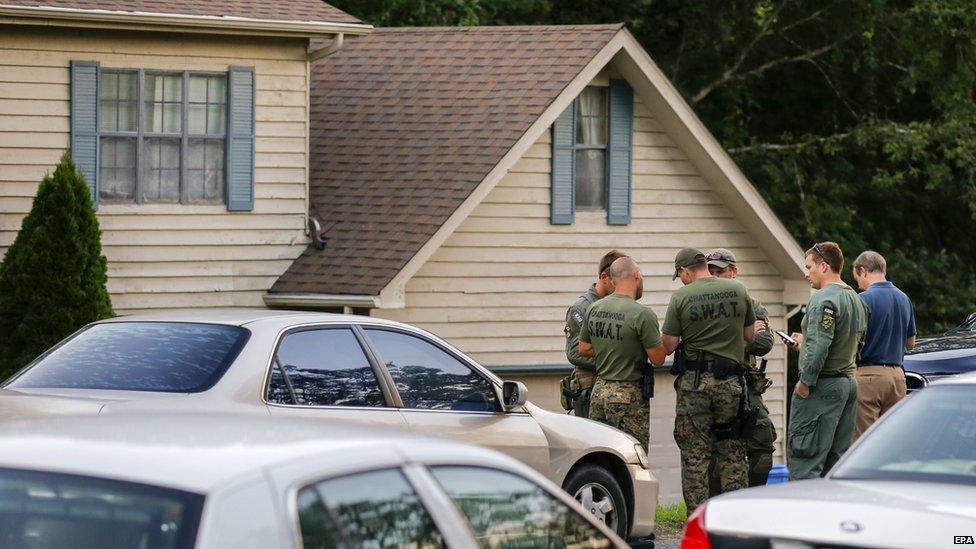 Law enforcement officials outside the home of Abdulazeez in Chattanooga, Tennessee, on 16 July 2015