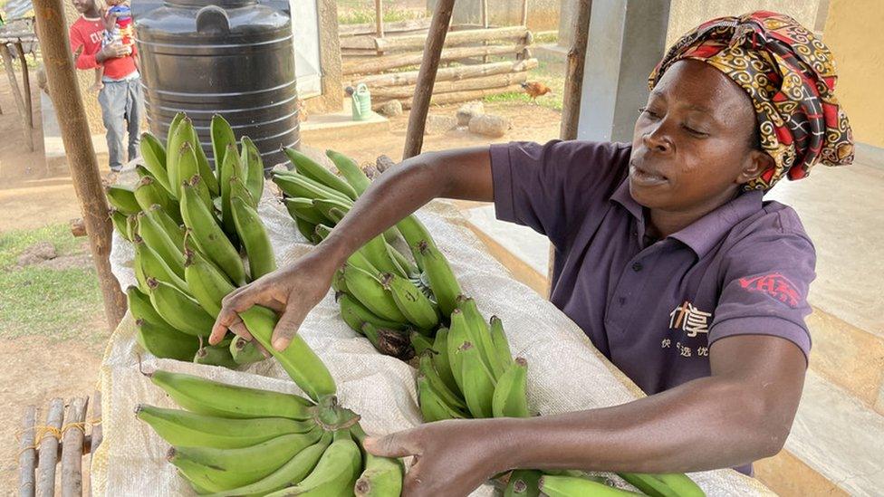 Woman looking at her bananas