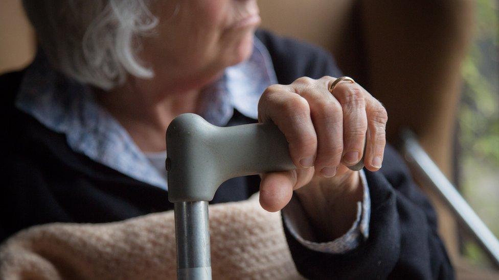 Elderly person holding a walking stick