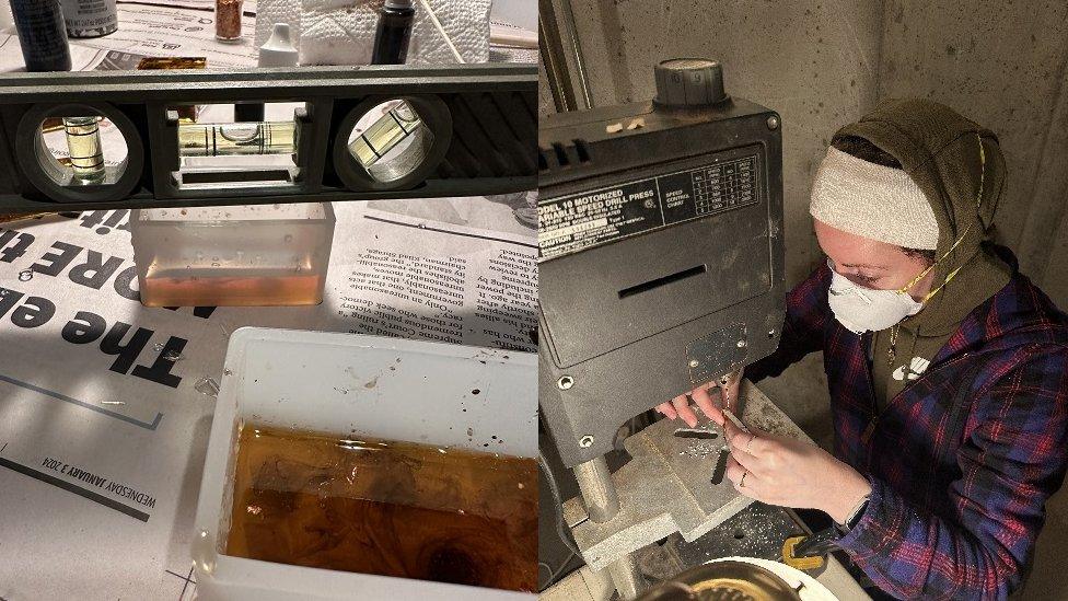 Resin setting on the left and on the right, Ms Lee wearing a face mask using a big drill