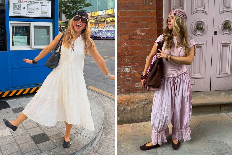 Split pic of young woman wearing two summery outfits. On the left, she wears a breezy white midi dress and on the right a lilac t-shirt with oversized lilac pants. 