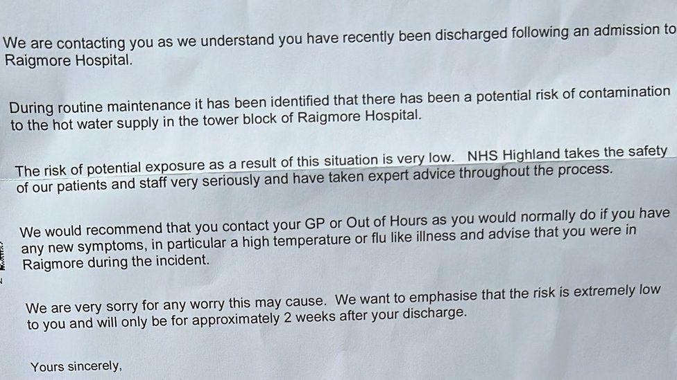 The typed letter sets out advice to recently discharged patients. It says any health risk was "very low" and to contact their GPs if they have concerns.