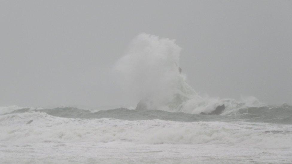 High waves pounded Church Rock, at Broad Haven South Beach, in Pembrokeshire