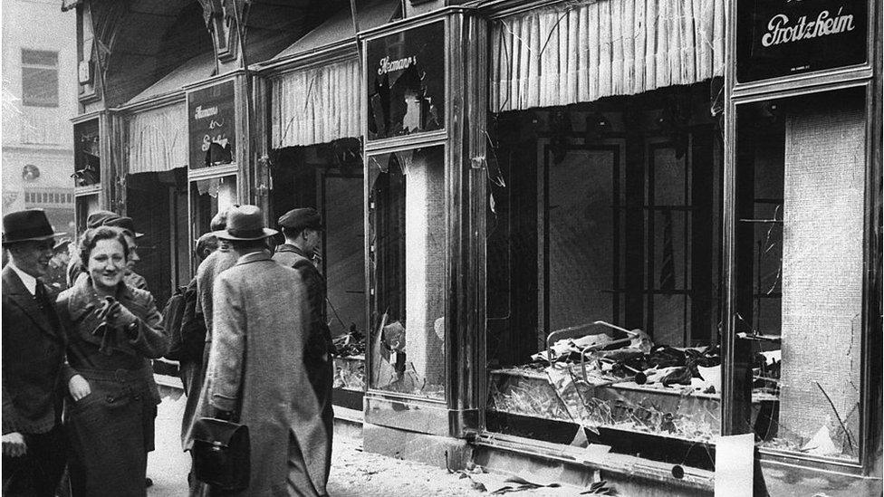 A destroyed Jewish-owned shop in Berlin after Kristallnacht