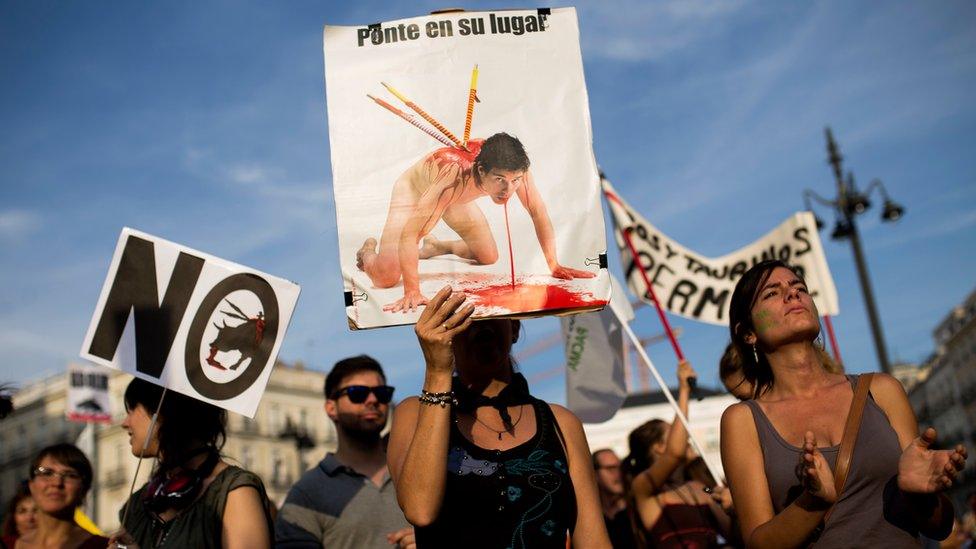 A woman holds up a banner reading in Spanish: "Put yourself in its place" as she protests with others against bullfighting in Madrid