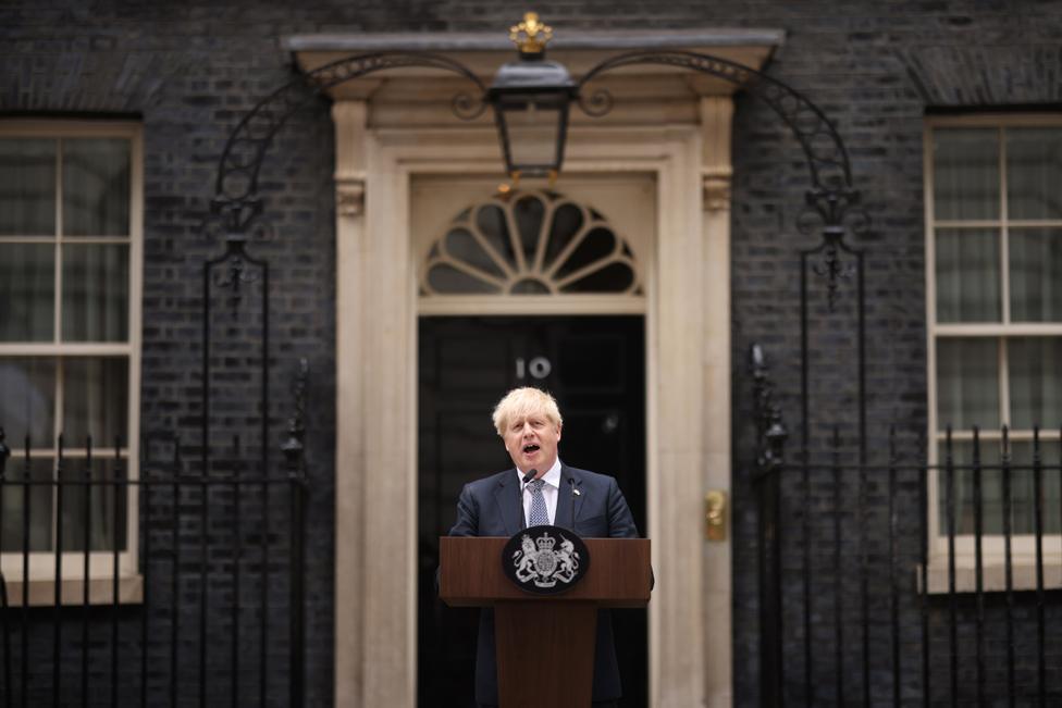 Prime Minister Boris Johnson addresses the nation as he announces his resignation outside 10 Downing Street on 7 July 2022 in London