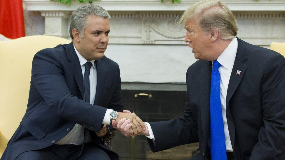 President Donald Trump and President of the Republic of Colombia Ivan Duque Marquez address the press in the Oval Office of the White House on March 2, 2020 in Washington, DC