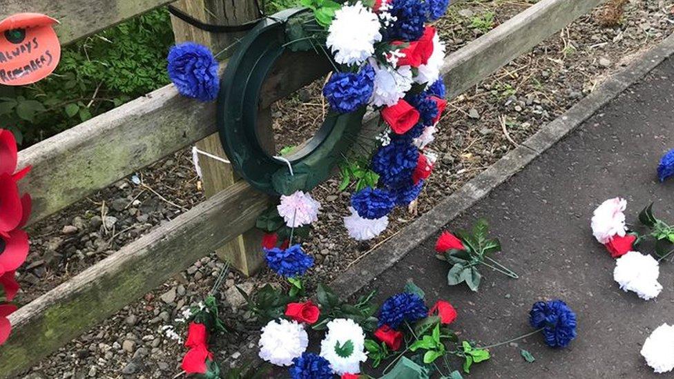 Vandalised wreaths at Narrow Water