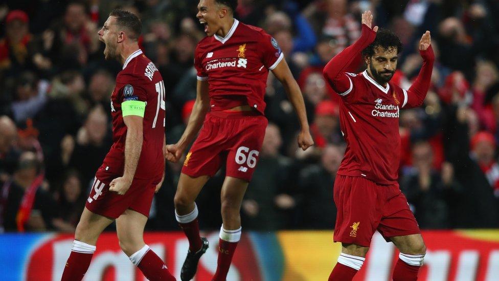 Mohamed Salah of Liverpool celebrates scoring his first goal during the UEFA Champions League Semi Final First Leg match between Liverpool and A.S. Roma at Anfield on April 24, 2018 in Liverpool, United Kingdom