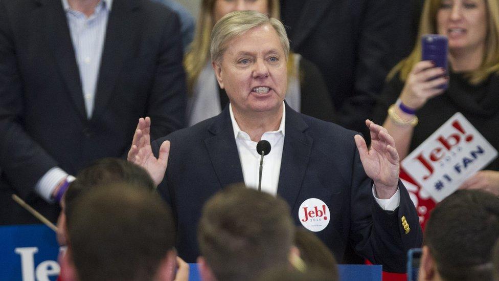 South Carolina Senator Lindsey Graham introduces Republican presidential candidate Jeb Bush at his election night party at Manchester Community College on February 9, 2016 in Manchester, New Hampshire.