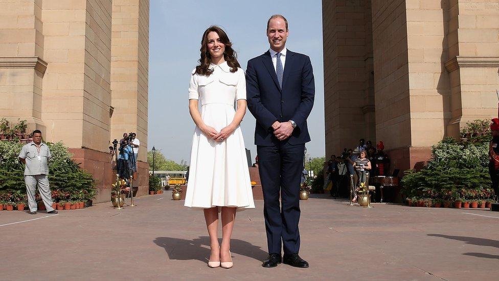 The Duke and Duchess of Cambridge pose for a picture at Indian Gate Memorial in New Delhi