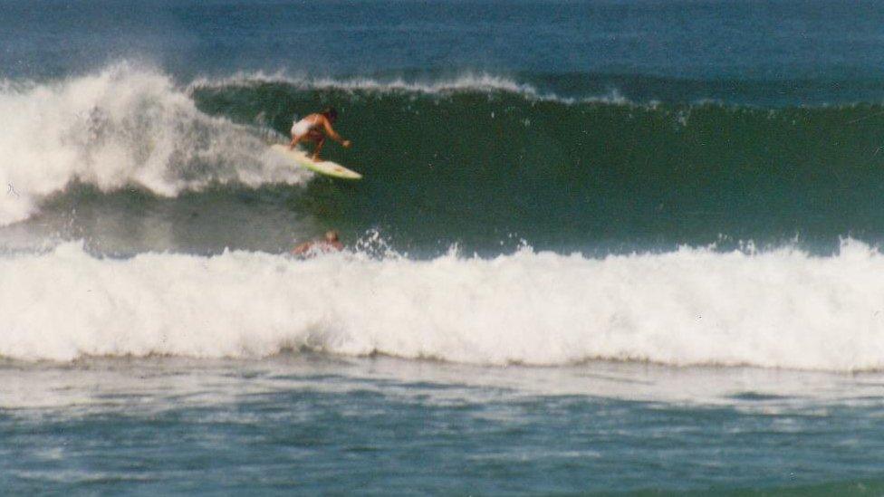 Linda Sharp surfing in Sri Lanka 1988