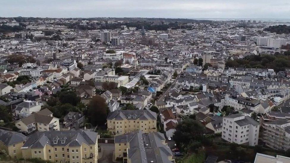 Aerial of buildings in St Helier, Jersey