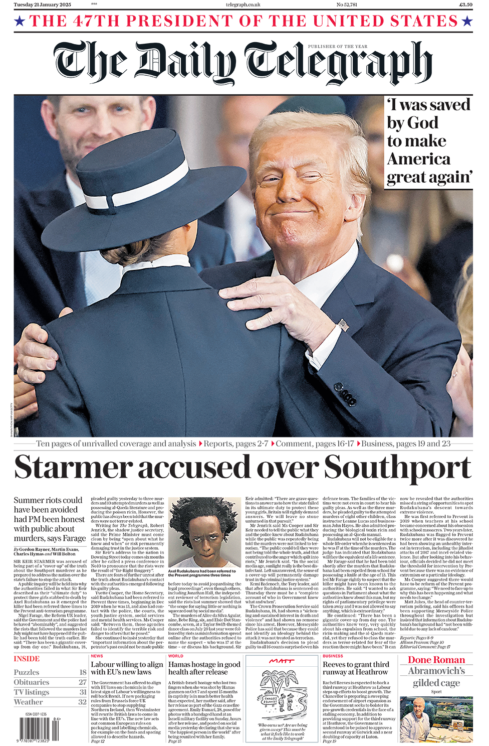 The headline in the Telegraph reads: "Starmer accused over Southport". 